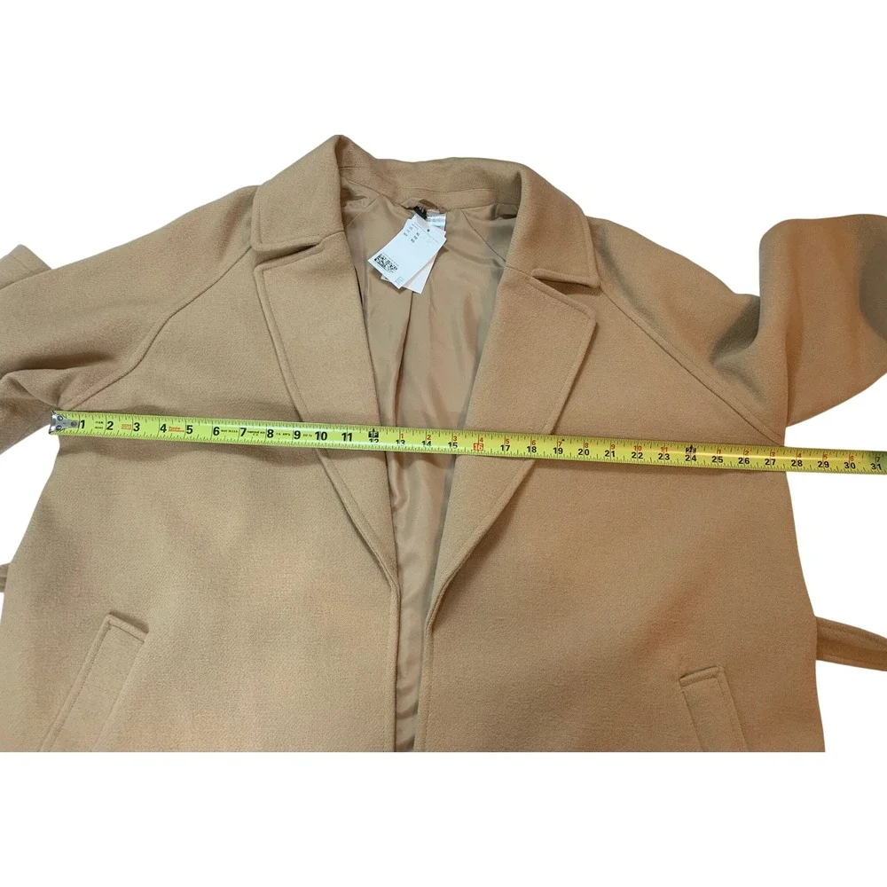 H&M Divided Camel Tan Belted Wrap Coat Notched Lapel XL NEW